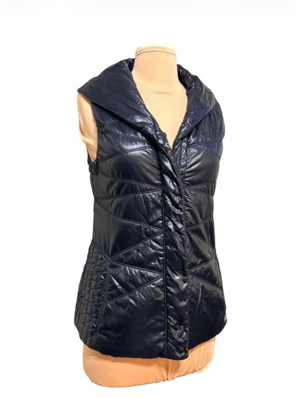 Lucy Shiny Puffer Vest XS Women Black Quilted Moto North Face Gorpcore Snap